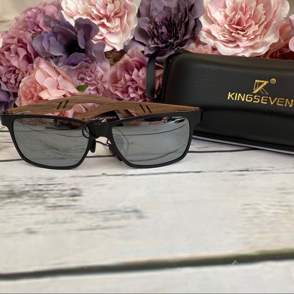 KINGSEVEN Natural Walnut Wood Sunglasses with Silver Mirrored Lenses - Picture 6 of 15